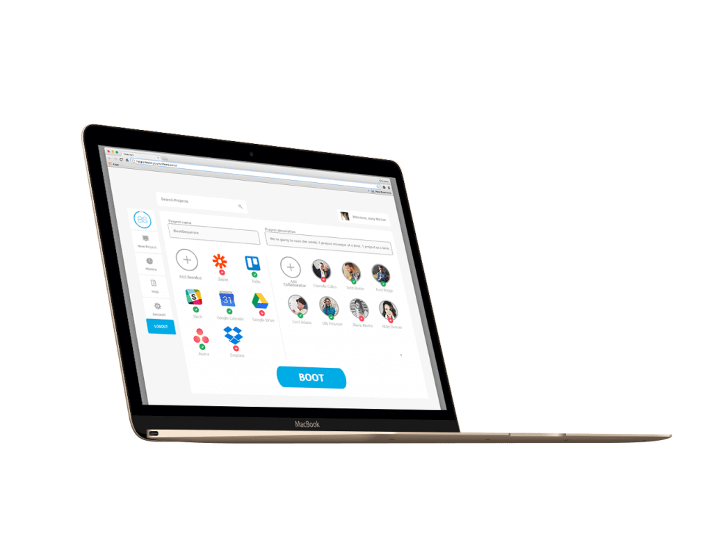 A MacBook displaying a web application interface built with TouchDesigner, featuring user profile pictures and icons, alongside buttons labeled "BOOST" and "PAUSE.