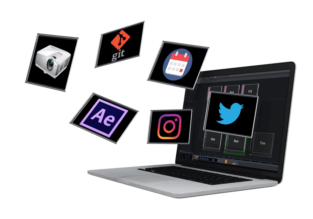 A laptop with various app icons projected above it, including a calendar, a projector, Git, Adobe After Effects, Instagram, Twitter, and TouchDesigner.