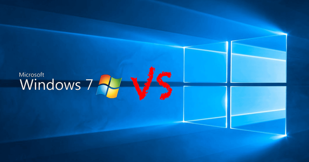 A comparison image showing Microsoft Windows 7 on the left versus Windows 10 on the right, created using TouchDesigner, with "VS" in red text in the middle.