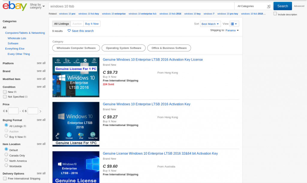 Screenshot of eBay search results for "Windows 10 ltb" showing multiple listings of Windows 10 Enterprise LTSB 2016 licenses, with prices ranging from CAD $3.27 to CAD $3.60 and offering free shipping—perfect for anyone setting up a TouchDesigner environment.