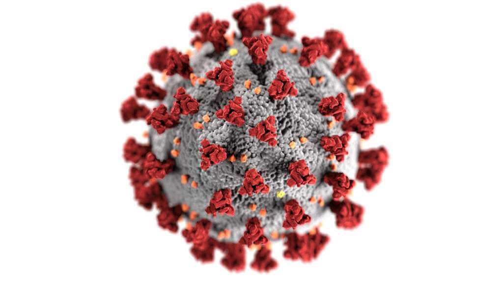 Detailed 3D rendering of the COVID-19 virus in TouchDesigner, featuring a gray spherical structure with red spike proteins protruding from its surface.