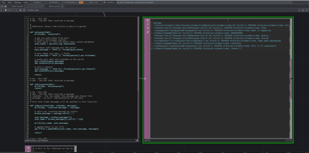 A computer screen displaying a code editor with Python code on the left and output logs on the right. The Python code includes functions for handling messages, possibly integrating with TouchDesigner. The interface features dark and light text areas.
