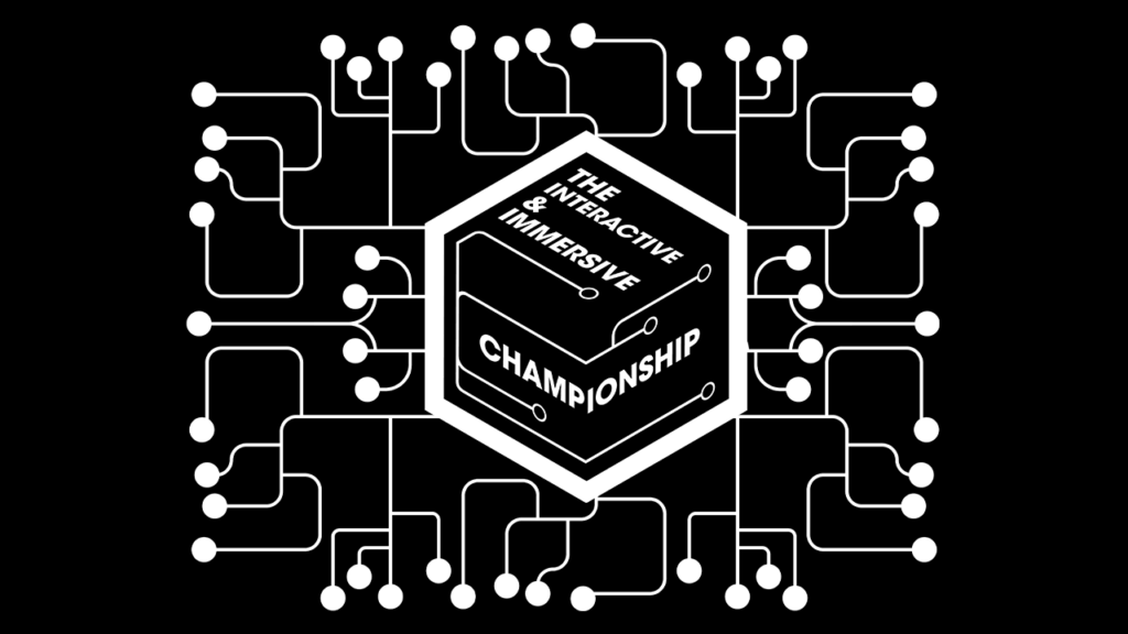 A hexagon with the text "The Interactive & Immersive Championship" surrounded by interconnected circuit-like lines, reminiscent of TouchDesigner visuals, on a black background.