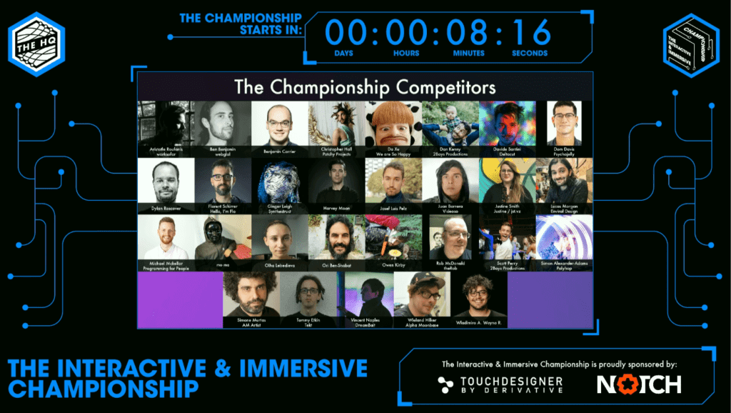 Grid of faces labeled "The Championship Competitors" with countdown timer at 8 minutes 16 seconds. The event, called "The Interactive & Immersive Championship," is proudly sponsored by TouchDesigner and Notch.