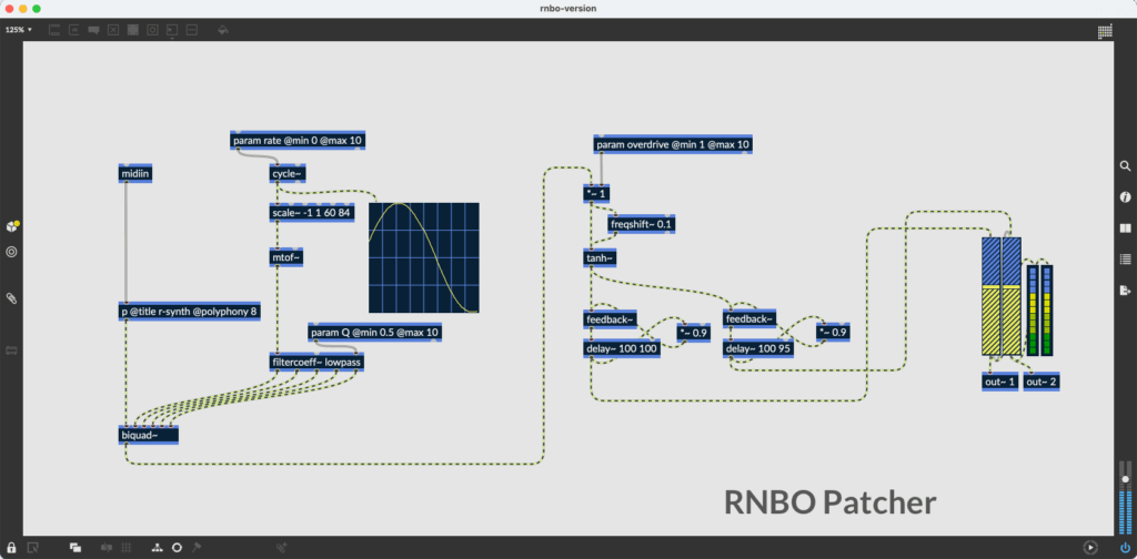 A screenshot of RNBO Patcher software, reminiscent of TouchDesigner, showing a visual representation of audio signal processing with various nodes and connections arranged on the workspace.